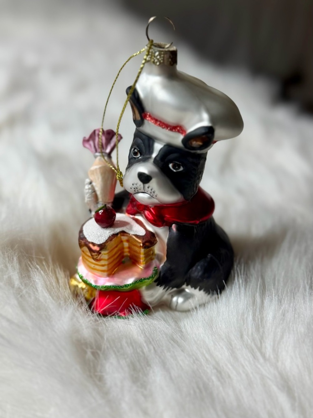 Black & White French Bulldog Chef Ornament with Colorful Cake